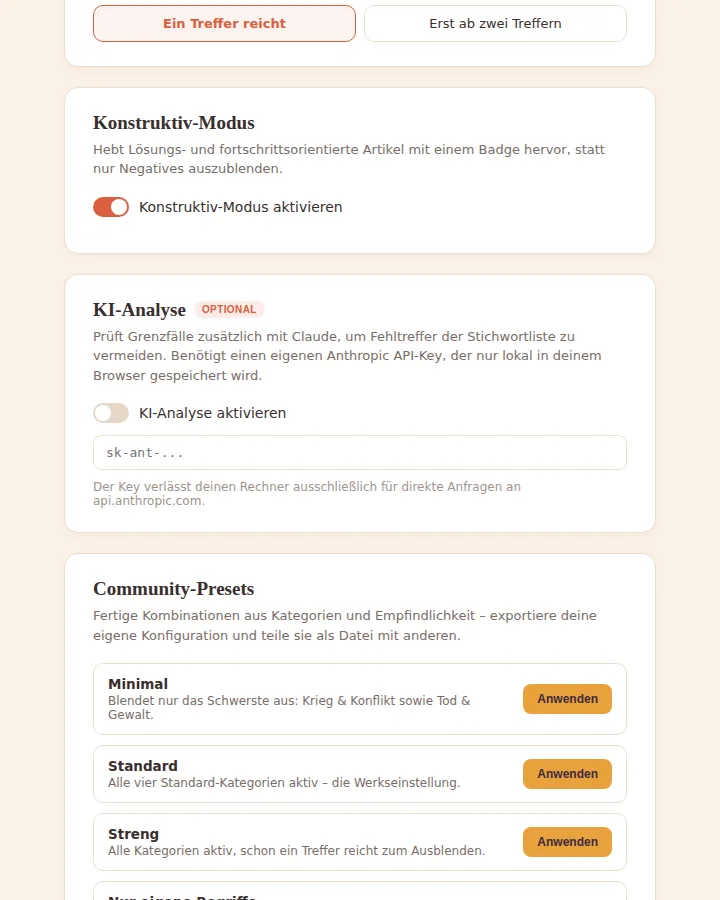 Community-Presets, Konstruktiv-Modus und optionale KI-Analyse