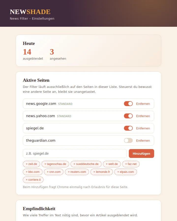 Newshade Einstellungen: Tagesstatistik und Verwaltung der aktiven News-Seiten